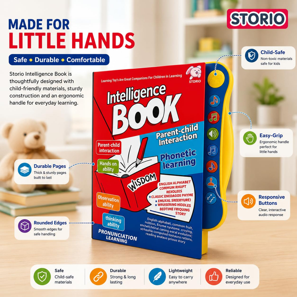 Interactive sound book that helps kids explore alphabets, words, numbers, shapes & sounds through touch-and-play learning.