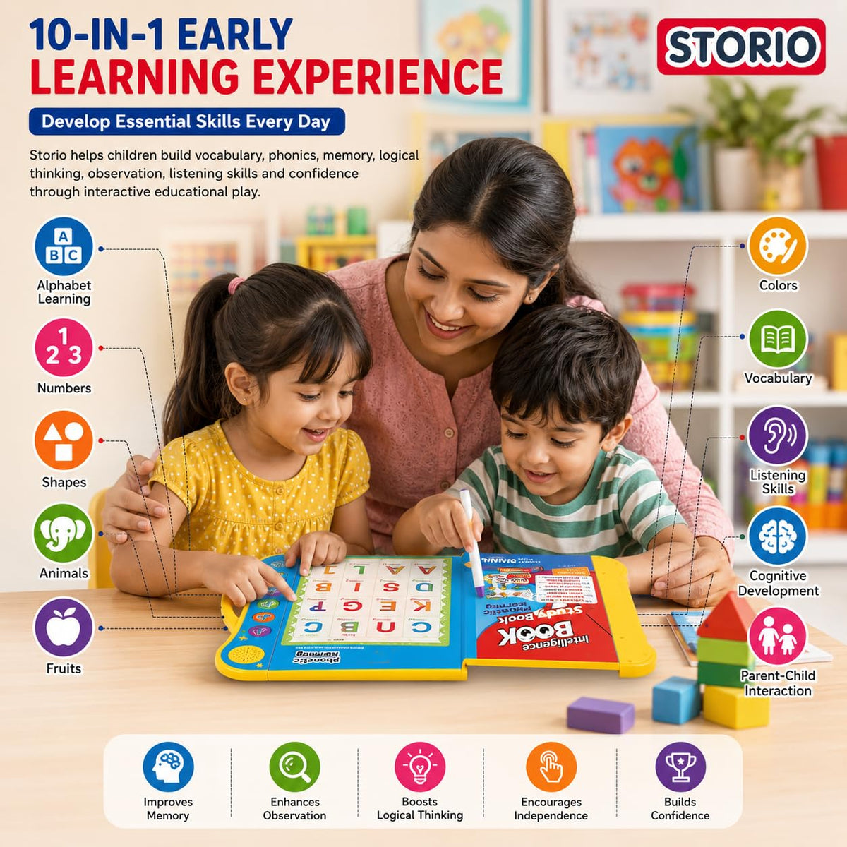 Interactive sound book that helps kids explore alphabets, words, numbers, shapes & sounds through touch-and-play learning.