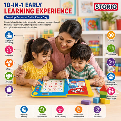Interactive sound book that helps kids explore alphabets, words, numbers, shapes & sounds through touch-and-play learning.