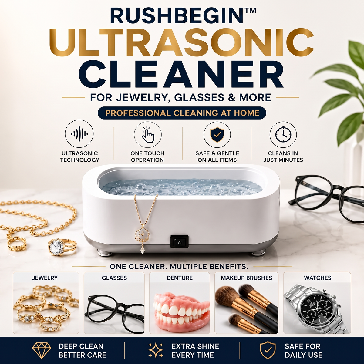Rushbegin Ultrasonic Cleaner for Eyeglasses, Jewellery, Makeup brushes, Dentures