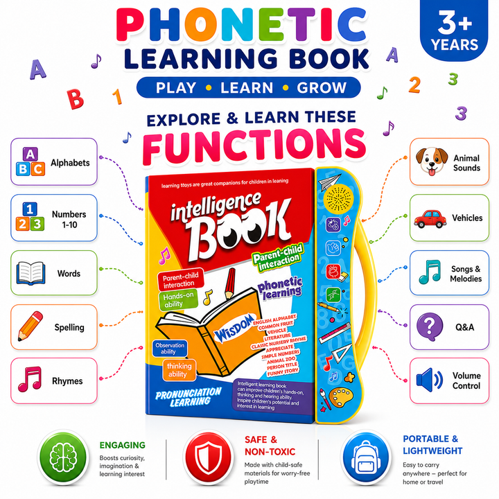 Interactive sound book that helps kids explore alphabets, words, numbers, shapes & sounds through touch-and-play learning.